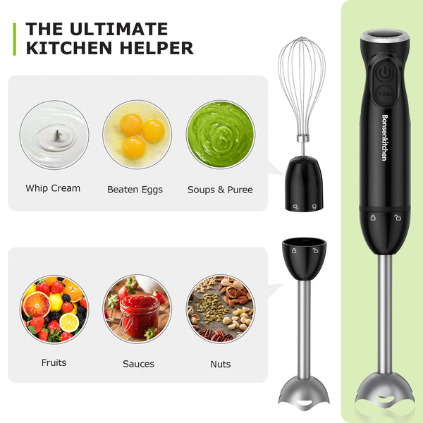 H1185 Bonsenkitchen Hand Blender, 5-in-1 Stainless Steel 800W Hand  Immersion Blender, Stick Blender with Beaker and Food Processor, Stainless  Steel Blade, Egg Whisk for Smoothies, Soups, Sauces, Baby Food, TV & Home