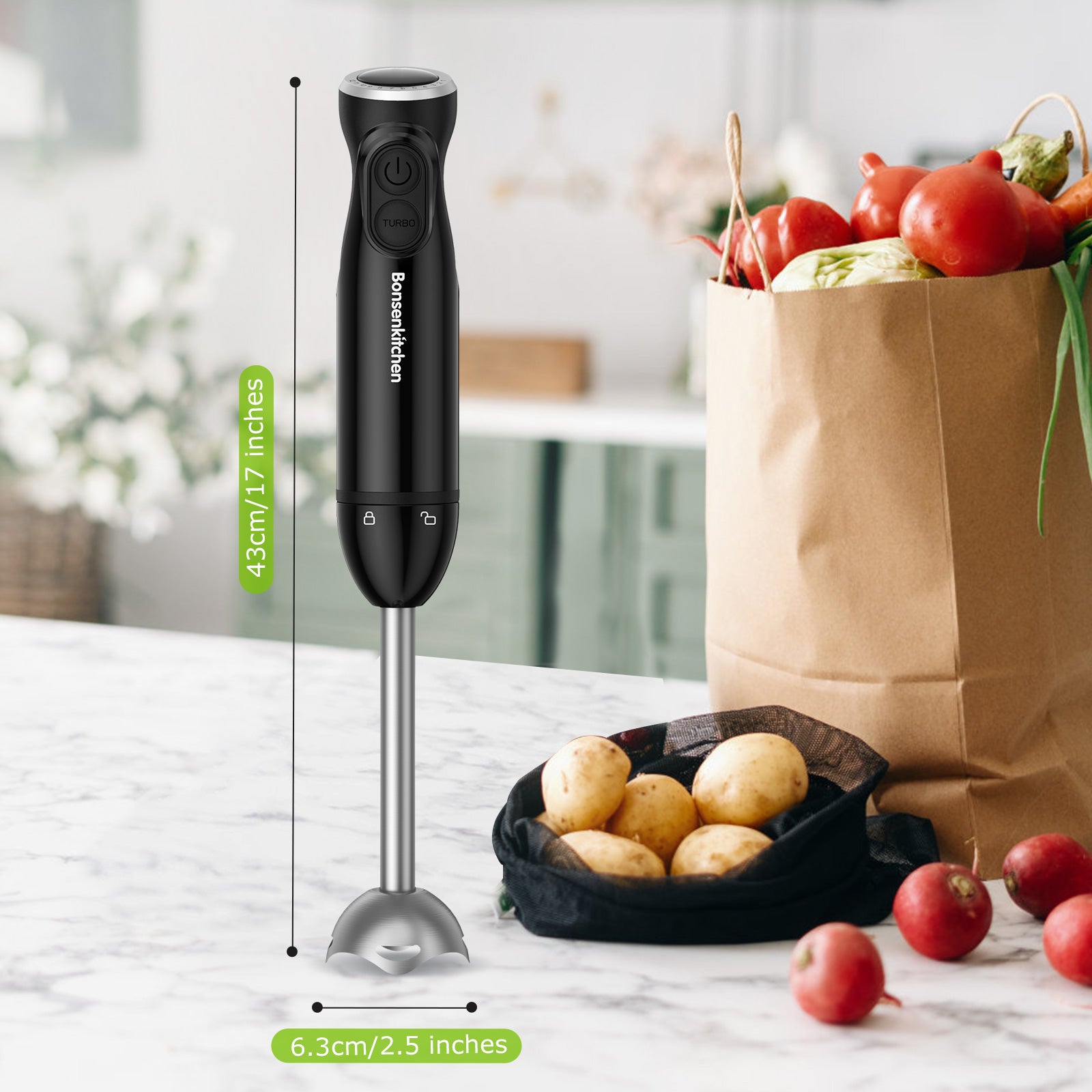 Bonsenkitchen Immersion Blender Handheld, 12-Speed and Turbo Hand Blender  Electric with Sharp Blades, 3-In-1 Hand Held Stick Blender with Egg Whisk
