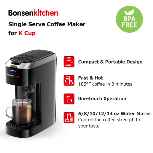 Bonsenkitchen Single Serve Coffee Maker, Coffee Brewer for K Cup Capsule, Fast Brewing Coffee Machine, 6 to 14oz Brew Sizes, Space Saving Design