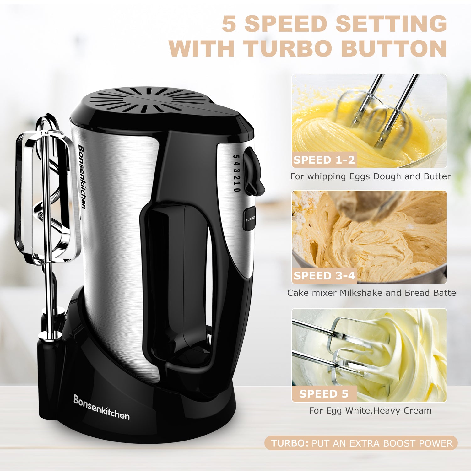  BAIGELONG Hand Electric Mixer, 300W Ultra Power Food Kitchen  Mixer with 5 Self-Control Speeds + Turbo Boost, 5 Stainless Steel  Attachments Handheld Mixer for Baking, White: Home & Kitchen