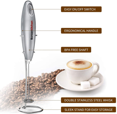 Bonsenkitchen Electric Milk Frother Handheld Drink Mixer, Milk Foam Maker  for Bulletproof Coffee, Matcha, Stainless Steel Whisk Battery Operated  Coffee Frother, Stainless Steel Stand Include 